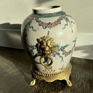 Dominic Vintage Hand Crafted Ceramic Ginger Jar W/ Brass Base Multicolor Sz 8.5"
